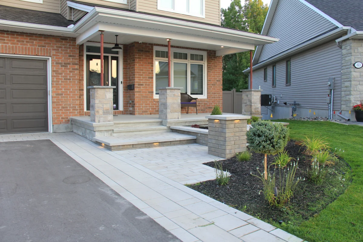 Interlock front entrance, lawn and foundation planting — Astrolabe archive photograph IMG_6918