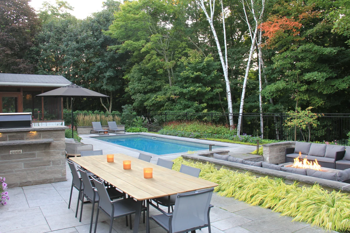 Outdoor dining terrace, fire lounge and layered garden — Chesswood archive photograph IMG_7010