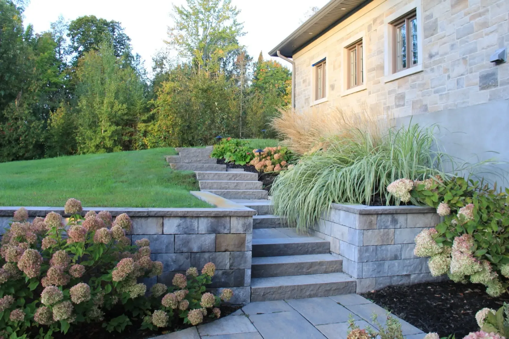 Interlocking stone retaining walls and steps with hydrangeas