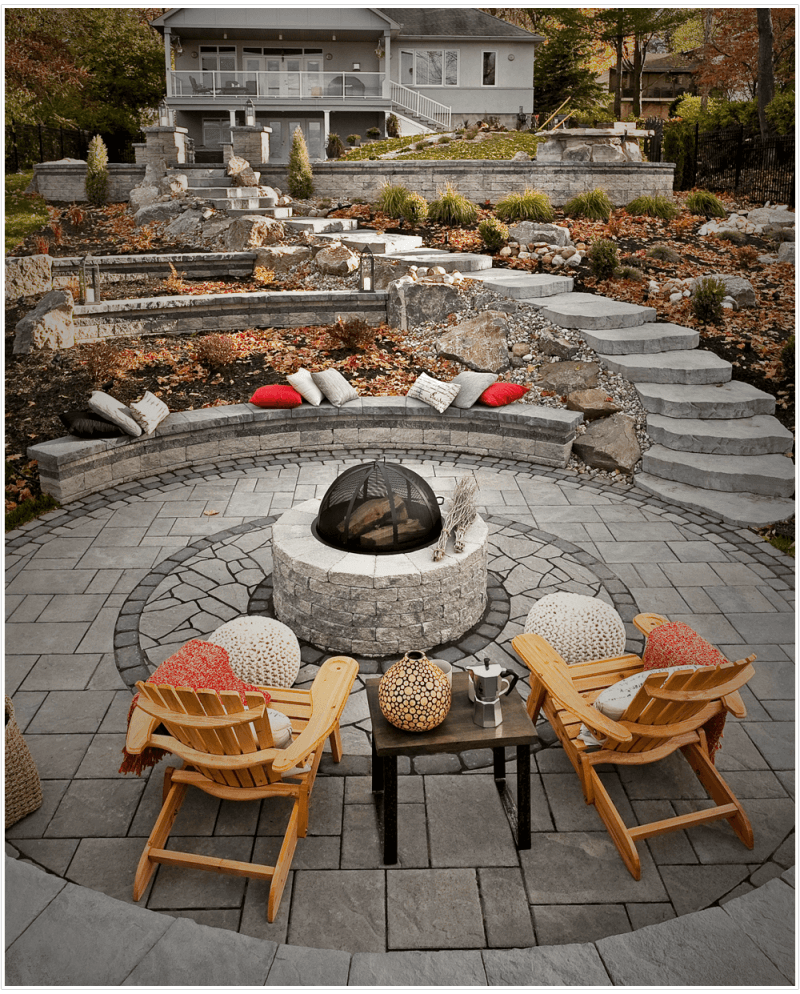 luxury backyard design with firepit and interlock stone