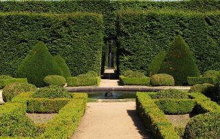 A classic French garden design with symmetrical pathways leading to a fountain.