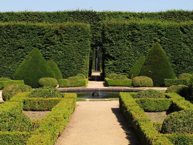 A classic French garden design with symmetrical pathways leading to a fountain.