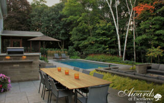 Beautiful Landscape Backyard design to cater to all for swimning dining and sitting by a nice fire pit
