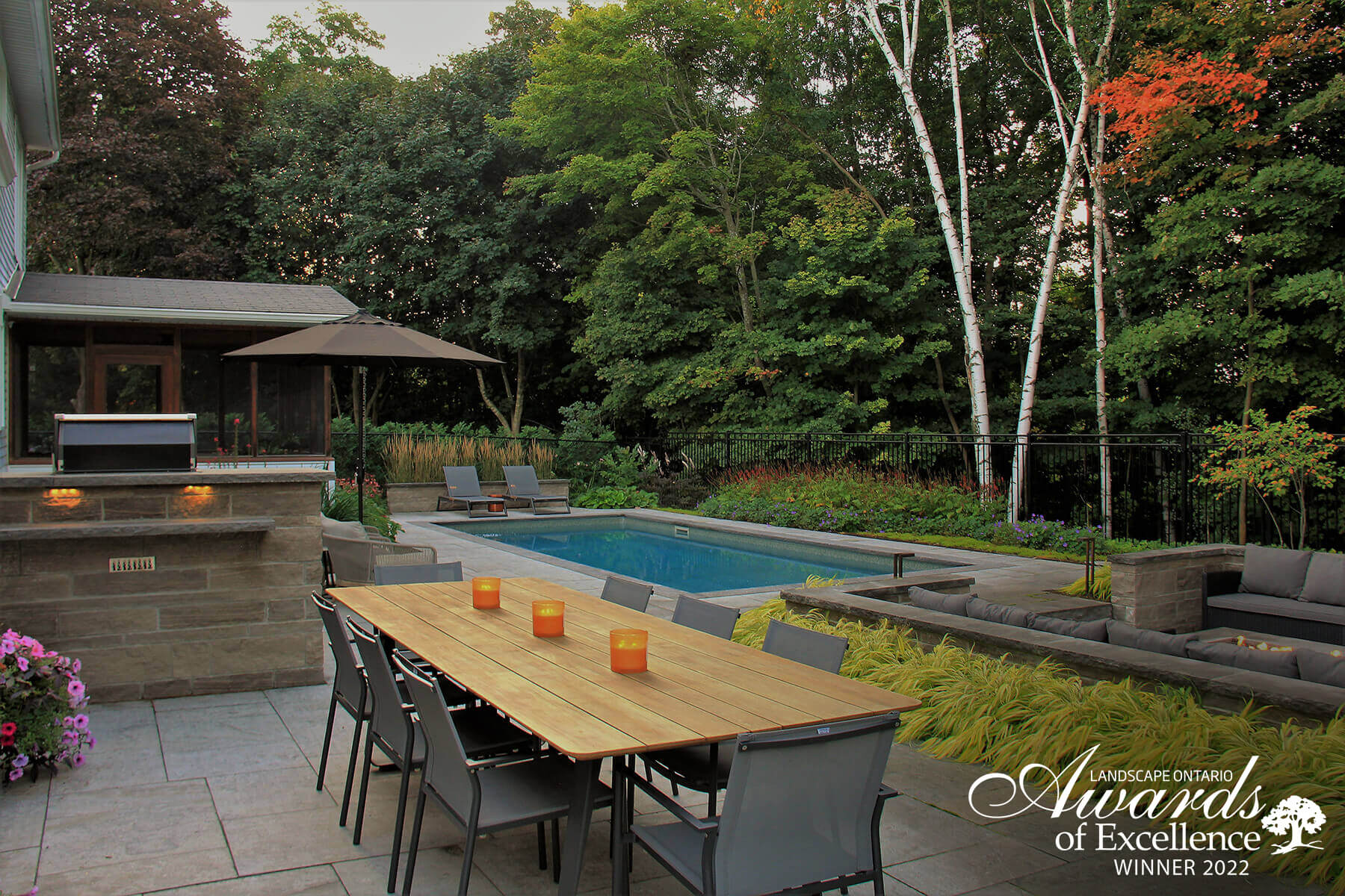 Beautiful Landscape Backyard design to cater to all for swimning dining and sitting by a nice fire pit
