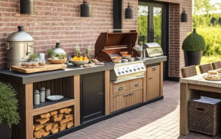 An outdoor kitchen in the backyard of a house