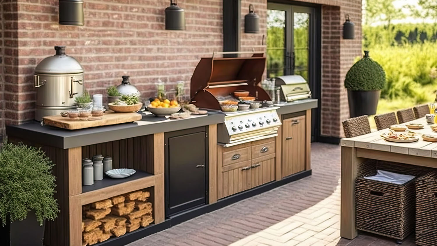 An outdoor kitchen in the backyard of a house